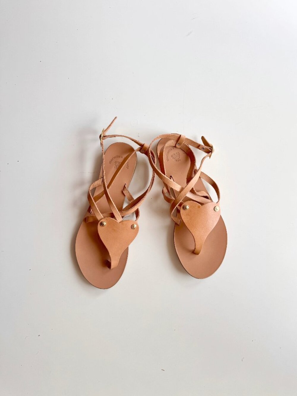 MARIETTA'S FANTASY Tan Heart Shaped Leather Evil Eye Greek Sandals, Size 40